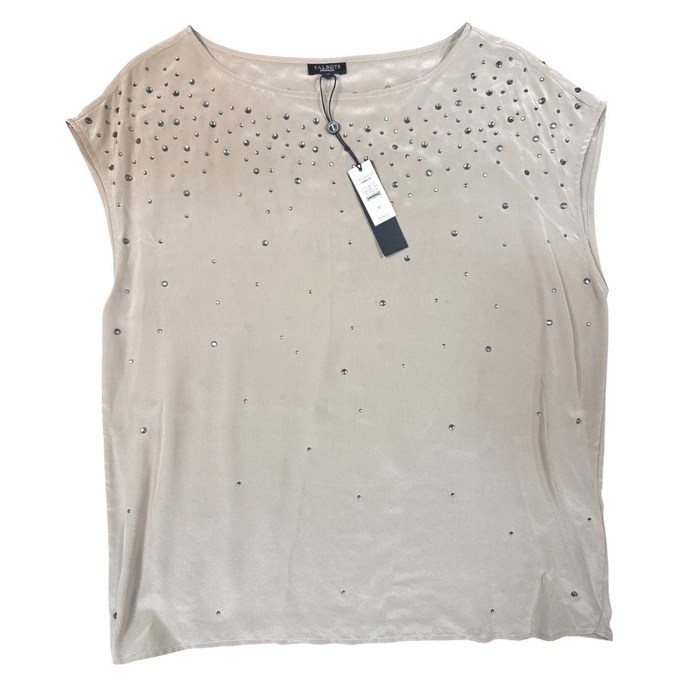 Talbots Beige Rhinestone Embellished 100% Silk Blouse Womens Size M